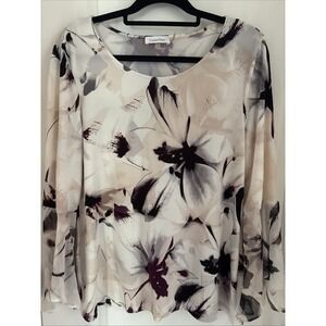 Calvin Klein Womens Blouse Top Purple Floral Cottagecore Bell Sleeve Sz Large